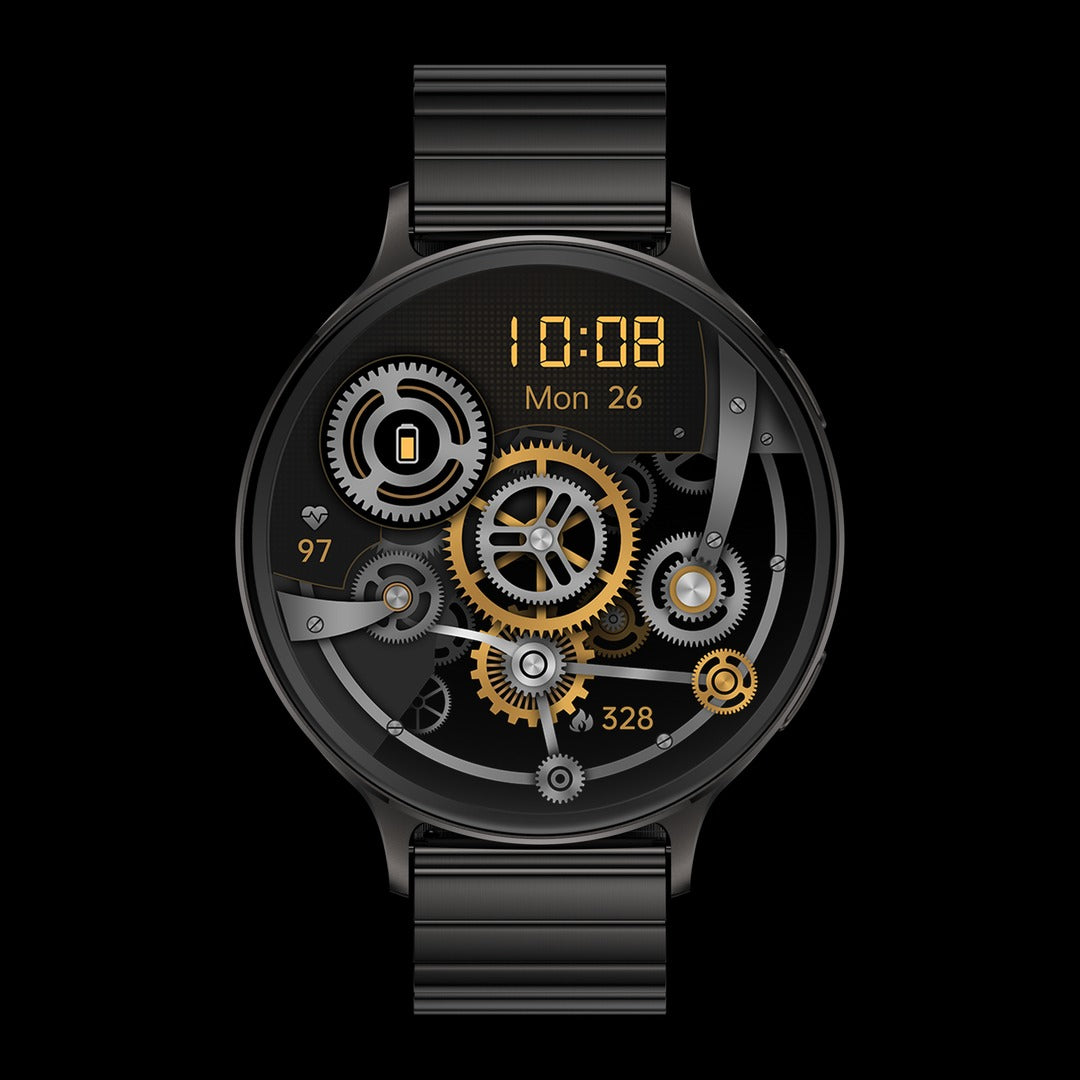 Carbon Apollo preto com pulseira de aço em elos, de frente